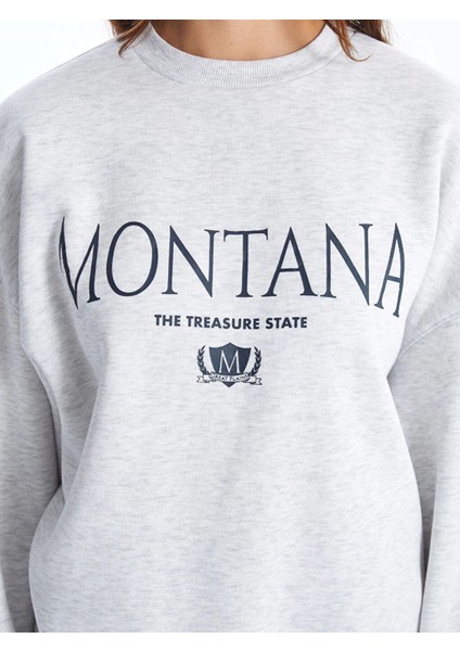 Lcw Vision Gri Bisiklet Yaka Baskılı Oversize Kadın Kalın Sweatshirt modelleri