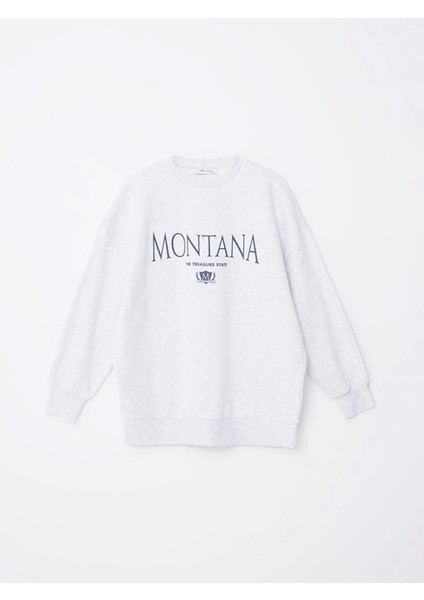 Lcw Vision Gri Bisiklet Yaka Baskılı Oversize Kadın Kalın Sweatshirt indirimleri