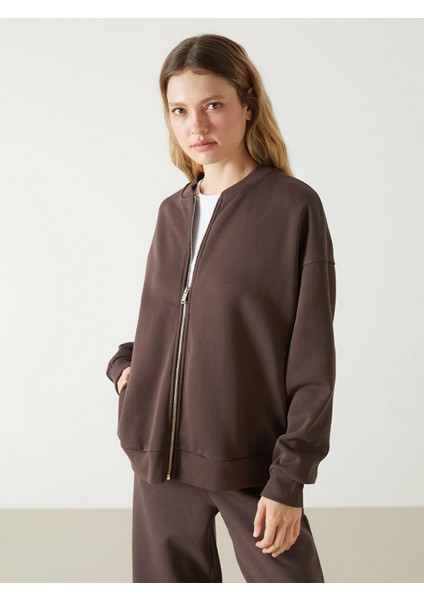 Lcw Vision Kahverengi Kolej Yaka Oversize Kadın Fermuarlı Sweatshirt