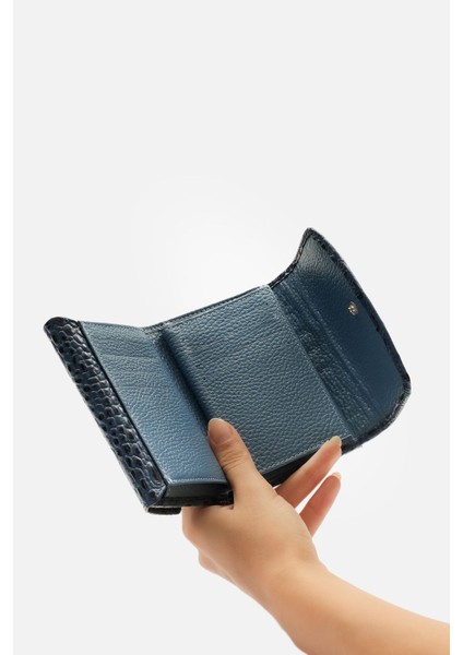 Hakiki Prestige Croco Deri Nero Kadın Cüzdan Bayan Cüzdan 13X9 Cm, Arka Fermuarlı, Çift Çıtçıtlı