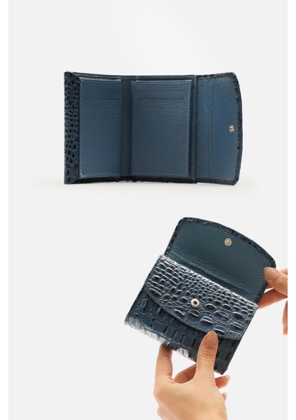 Hakiki Prestige Croco Deri Nero Kadın Cüzdan Bayan Cüzdan 13X9 Cm, Arka Fermuarlı, Çift Çıtçıtlı