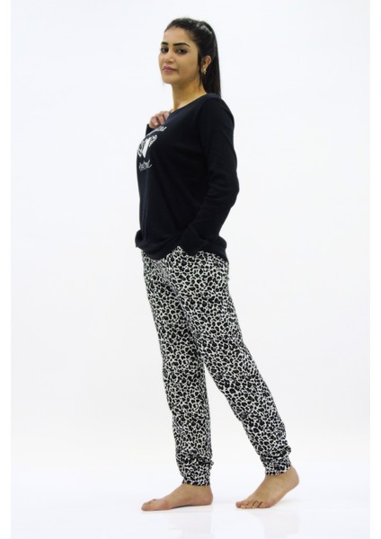 Leopar Kombinli Nakış Detaylı Pijama Takımı