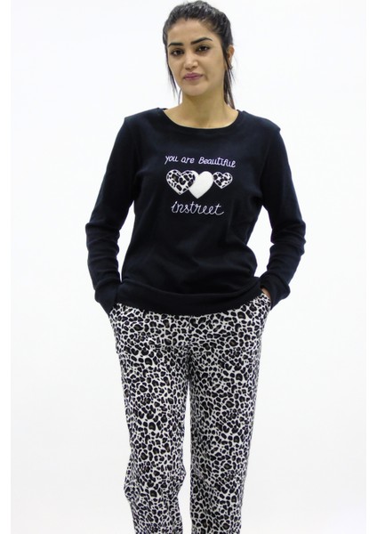 Leopar Kombinli Nakış Detaylı Pijama Takımı modelleri