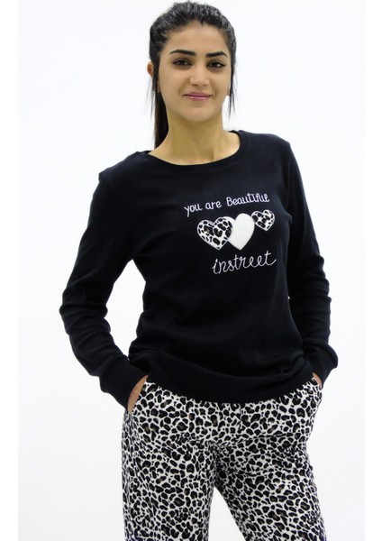 Leopar Kombinli Nakış Detaylı Pijama Takımı fırsatları