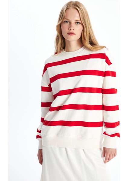 Lcw Vision Kırmızı Bisiklet Yaka Çizgili Oversize Kadın Sweatshirt