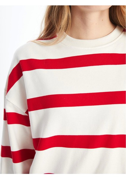 Lcw Vision Kırmızı Bisiklet Yaka Çizgili Oversize Kadın Sweatshirt modelleri