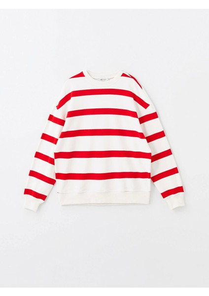 Lcw Vision Kırmızı Bisiklet Yaka Çizgili Oversize Kadın Sweatshirt indirimleri