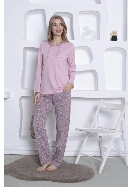 Kalpli Çiçek Desenli Büyük Beden Kadın Uzun Kol Pijama Takımı - %100 Pamuk Penye Mevsimlik 3 Düğmeli fırsatları