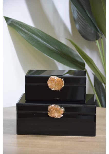 Dekoratif 2 Li Cam Kutu Doğal Taş Siyah 12*19CM---16*24CM