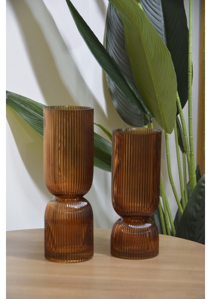2 Li Dekoratif Cam Vazo 27CM- 31CM Amber