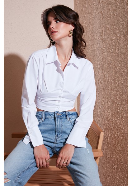 Fitted Fit Pamuklu Korse Detaylı Uzun Kollu Crop Gömlek Bayan Gömlek 611GO00376