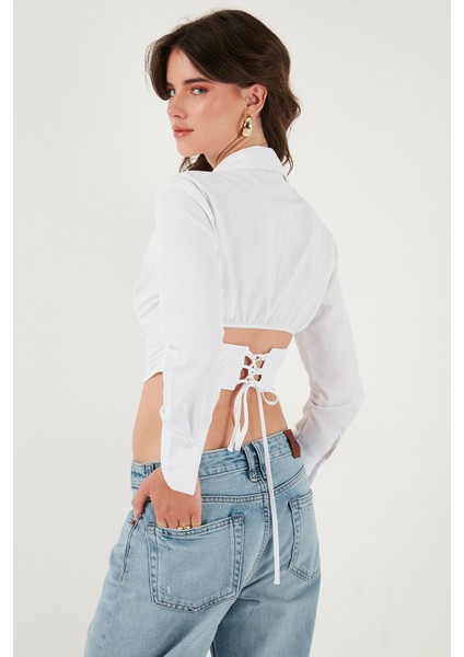 Fitted Fit Pamuklu Korse Detaylı Uzun Kollu Crop Gömlek Bayan Gömlek 611GO00376 modelleri