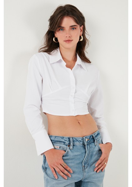 Fitted Fit Pamuklu Korse Detaylı Uzun Kollu Crop Gömlek Bayan Gömlek 611GO00376 indirimleri