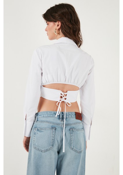 Fitted Fit Pamuklu Korse Detaylı Uzun Kollu Crop Gömlek Bayan Gömlek 611GO00376