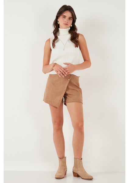 Asimetrik Kışlık Scuba Süet Düğme Detaylı Slim Fit Şort Etek Bayan Şort Etek 5865968