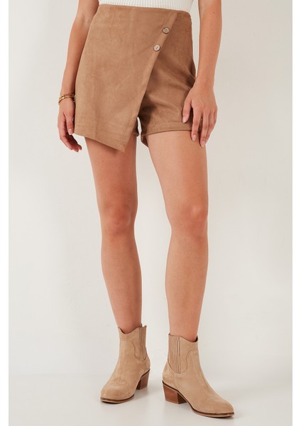 Asimetrik Kışlık Scuba Süet Düğme Detaylı Slim Fit Şort Etek Bayan Şort Etek 5865968 fiyatları