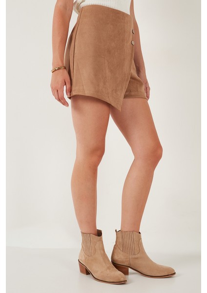Asimetrik Kışlık Scuba Süet Düğme Detaylı Slim Fit Şort Etek Bayan Şort Etek 5865968 modelleri