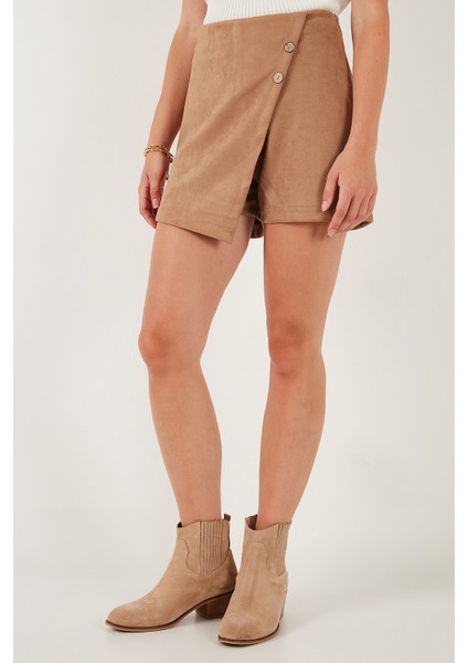 Asimetrik Kışlık Scuba Süet Düğme Detaylı Slim Fit Şort Etek Bayan Şort Etek 5865968 indirimleri