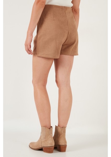 Asimetrik Kışlık Scuba Süet Düğme Detaylı Slim Fit Şort Etek Bayan Şort Etek 5865968