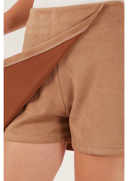 Asimetrik Kışlık Scuba Süet Düğme Detaylı Slim Fit Şort Etek Bayan Şort Etek 5865968