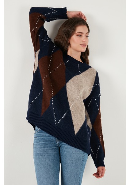 Oversize Fit Bisiklet Yaka Baklava Desenli Kazak Bayan Kazak 4615578