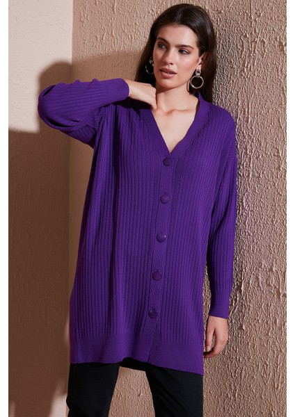 V Yaka Düğmeli Uzun Triko Hırka Bayan Hırka 4616040Y