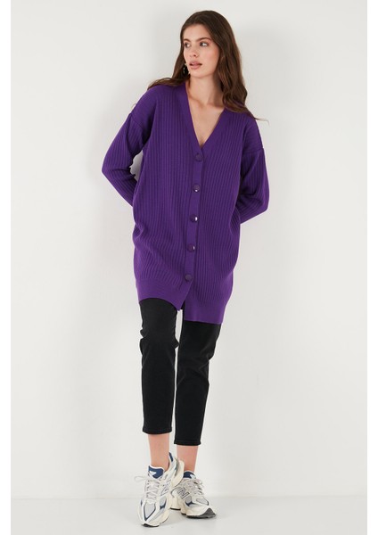 V Yaka Düğmeli Uzun Triko Hırka Bayan Hırka 4616040Y modelleri