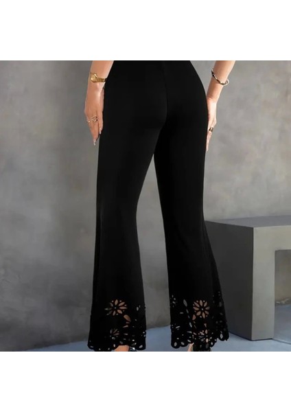 Kadın Yüksek Bel Paçaya Doğru Genişleyen Lazer Çiçek Kesim Detaylı Ithal Krep Pantolon modelleri