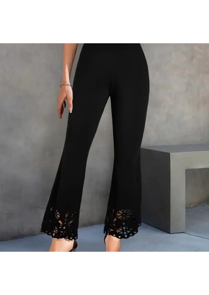 Kadın Yüksek Bel Paçaya Doğru Genişleyen Lazer Çiçek Kesim Detaylı Ithal Krep Pantolon fırsatları