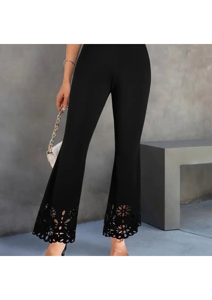 Kadın Yüksek Bel Paçaya Doğru Genişleyen Lazer Çiçek Kesim Detaylı Ithal Krep Pantolon indirimleri