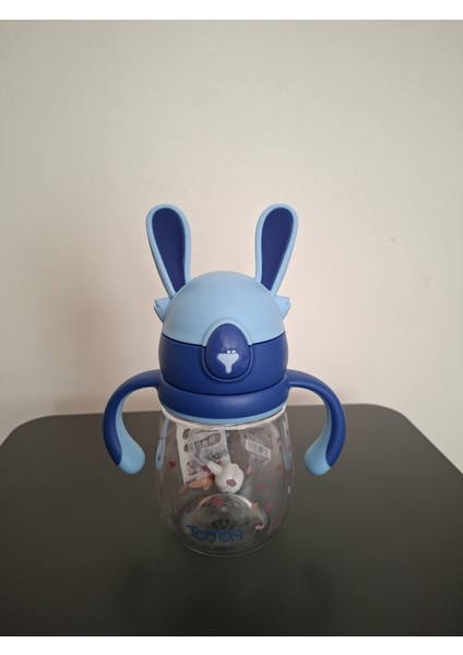 Esnek Tavşan Kulaklı Ölçülü Çift Kulplu Matara 370 ml Mavi