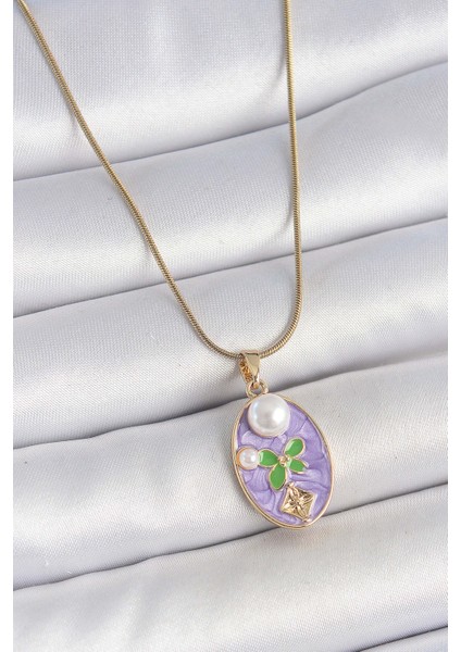 316L Çelik Gold Renk Zincir Mor Mineli Oval İncili Çiçek İşlemeli Portre Model Kadın Kolye