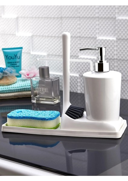 Yumuşak Silikon Fırçalı Tezgah Üstü Mutfak Banyo Sıvı Sabunluk Takımı Süngerlik Bez Seti