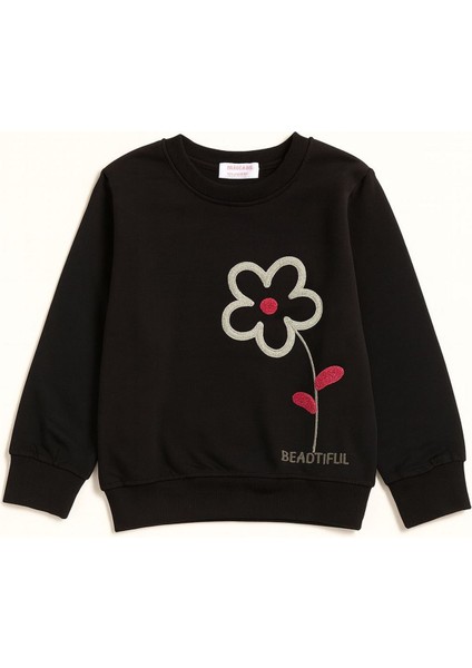 Beautiful Çiçek Detaylı Kız Çocuk sweatshirt - Siyah