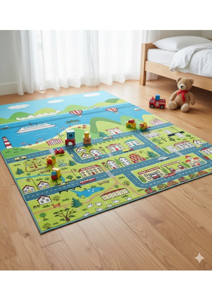 Butikhafsa Çocuk Halısı Oyun Matı Yol Trafik Desenli Eğitici Kaymaz Taban Yıkanabilir Halı