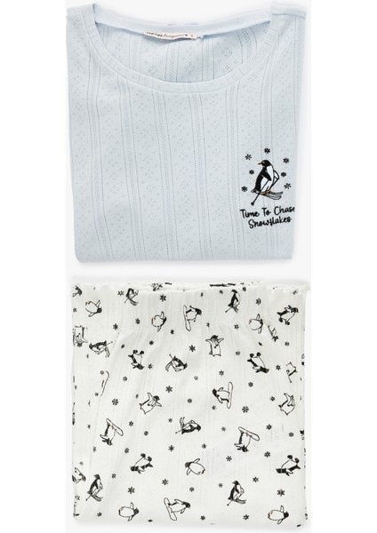 Pamuklu Uzun Kollu Bisiklet Yaka Penguen Baskılı Pijama Takımı