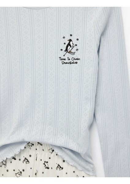 Pamuklu Uzun Kollu Bisiklet Yaka Penguen Baskılı Pijama Takımı fırsatları
