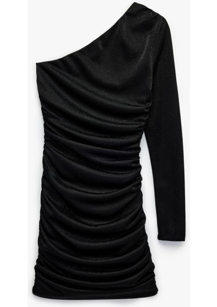 Simli Tek Omuz Uzun Kollu Drapeli Mini Abiye Elbise