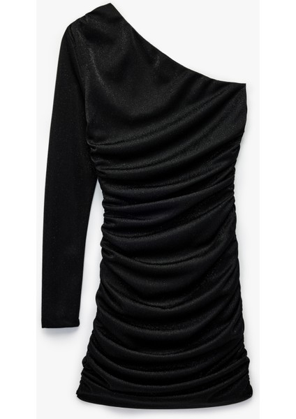 Simli Tek Omuz Uzun Kollu Drapeli Mini Abiye Elbise fiyatları