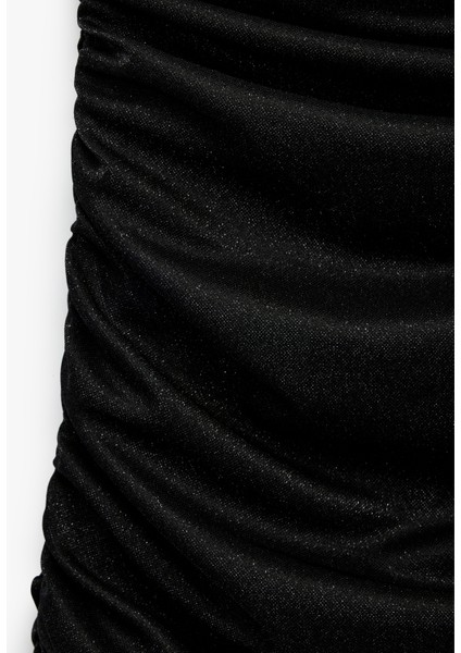 Simli Tek Omuz Uzun Kollu Drapeli Mini Abiye Elbise modelleri