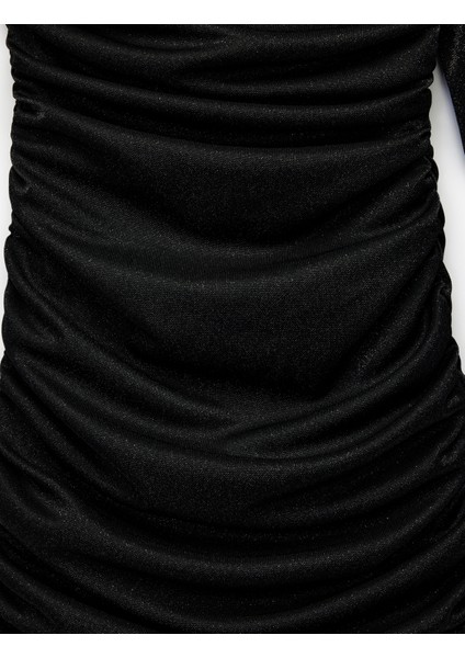 Simli Tek Omuz Uzun Kollu Drapeli Mini Abiye Elbise fırsatları