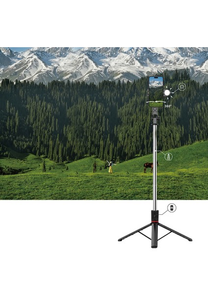 WI-SE015 Canlı Yayın Dolgu Işıklı Teleskopik Tripod ve Selfie Çubuğu Siyah