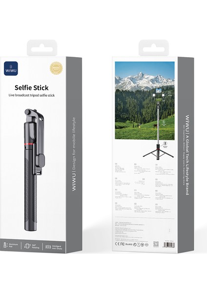 WI-SE015 Canlı Yayın Dolgu Işıklı Teleskopik Tripod ve Selfie Çubuğu Siyah
