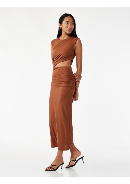 Kolsuz Drapeli Pencere Detaylı Bisiklet Yaka Uzun Bodycon Elbise fiyatları