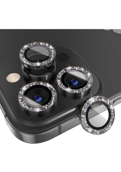 iPhone 13 Pro/ 13 Pro Max Uyumlu Alüminyum Alaşım Işıldayan Siyah Simli Kamera Lens Koruyucu(3'lü)