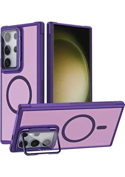 Samsung Galaxy S24 Ultra Uyumlu Standlı Kamera Kısmı Cam Korumalı Arkası Mat Renkli Magsafe Kılıf