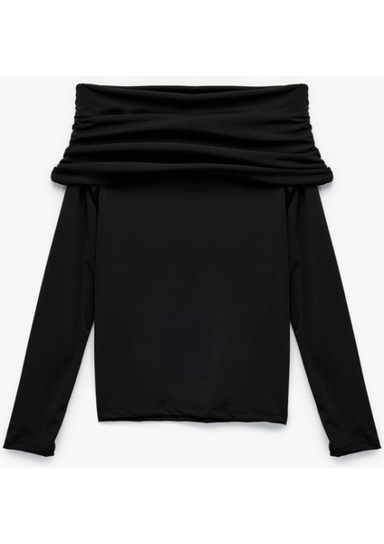 Slim Fit Uzun Kollu Drapeli Omzu Açık Tişört fırsatları