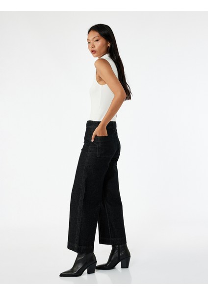 Yüksek Bel Pamuklu Metal Aksesuarlı Nervürlü Kısa Jean Pantolon - Culotte Jeans fiyatları