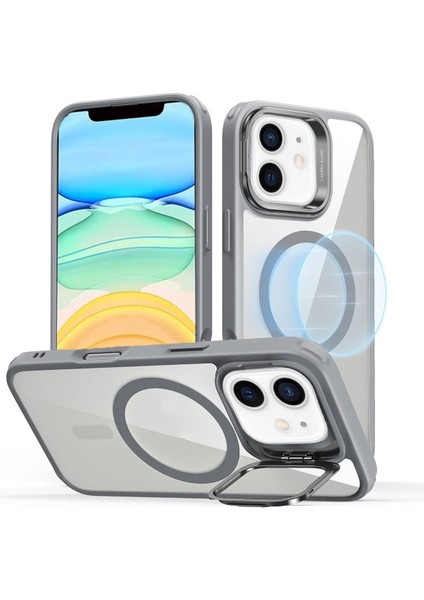 iPhone 11 Uyumlu Kenarları Gri Kamera Standlı Arkası Şeffaf Magsafe Kılıf
