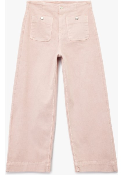 Yüksek Bel Cep Detaylı Düğmeli Kısa Geniş Paça Pantolon - Culotte Jeans